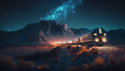 Train in night, Mountain, land, night sky, stars