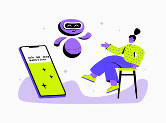 A happy woman communicates with a chatbot. A metaphor for the introduction of artificial intelligence into everyday life.