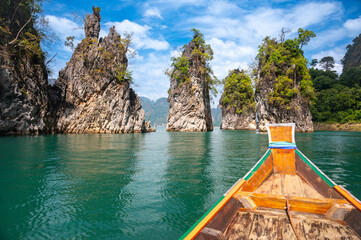 Scenic view of three karst rock formations at Cheow Lan lake, Khao Sok National Park, Suratthani, Thailand