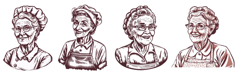Set of happy grandma portraits hand drawn engraving style woodcut vector illustration Eps 10. - obrazy, fototapety, plakaty