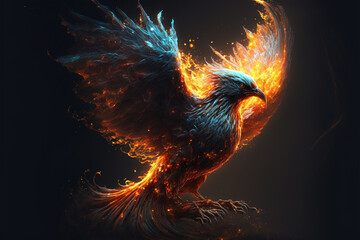 Phoenix bird with wings on fire. Mythological folklore spiritual creature. Ai generated