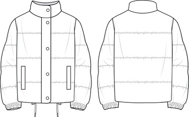 Unisex Quilted Elastic Sleeve Hem Puffer Jacket. Technical fashion illustration. Front and back, white color. Unisex CAD mock-up. © DERYA