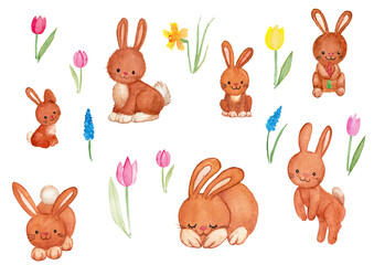 Set of cute bunnies with flowers, isolated. Watercolor illustration.