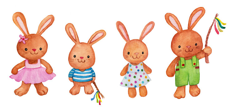 Set of cute watercolor bunnies with easter whip. Hand drawn illustration.