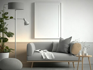 Mock-up poster frame in modern grey home interior, 
Scandinavian style, generative ai