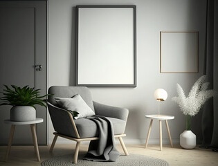 Mock-up poster frame in modern grey home interior, 
Scandinavian style, generative ai