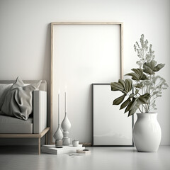 Mock-up poster frame in modern grey home interior, 
Scandinavian style, generative ai