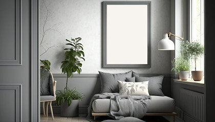 Mock-up poster frame in modern grey home interior, 
Scandinavian style, generative ai