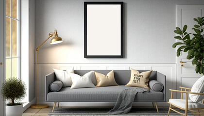 Mock-up poster frame in modern grey home interior, 
Scandinavian style, generative ai