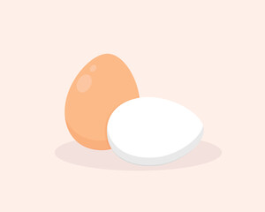 Eggs, 2 chicken eggs on a beautiful background. Coral and white Easter eggs. Vector flat illustration