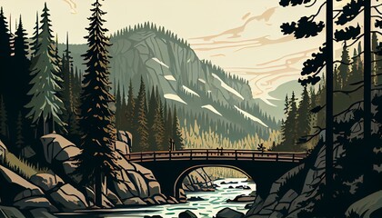 An illustration of a national park with a river running through it and a bridge in the distance AI Generated