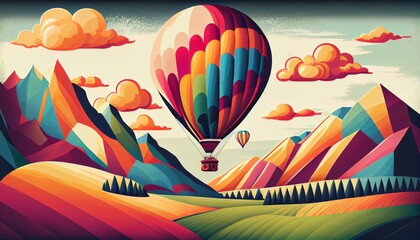 A detailed illustration of a hot air balloon flying over a beautiful landscape, with vibrant colors and a sense of freedom AI Generated