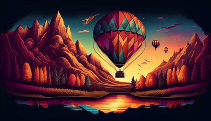 A detailed illustration of a hot air balloon flying over a beautiful landscape, with vibrant colors and a sense of freedom AI Generated