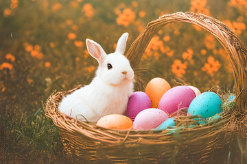 Easter eggs cute bunny. Funny decoration , colorful eggs ,straw basket, , the symbol of Easter .Generative AI	