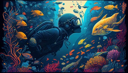 A detailed illustration of a person scuba diving, with a colorful underwater world and marine life AI Generated