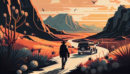 An illustration of a person on a road trip, with a beautiful landscape, a car, and a sense of adventure AI Generated