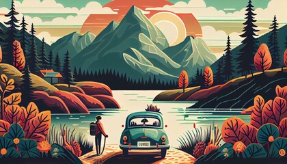 An illustration of a person on a road trip, with a beautiful landscape, a car, and a sense of adventure AI Generated