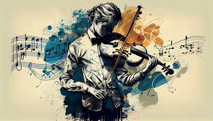 A detailed illustration of a person playing a musical instrument, with notes and musical staff in the background, representing creativity and passion AI Generated