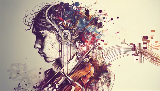 A detailed illustration of a person playing a musical instrument, with notes and musical staff in the background, representing creativity and passion AI Generated