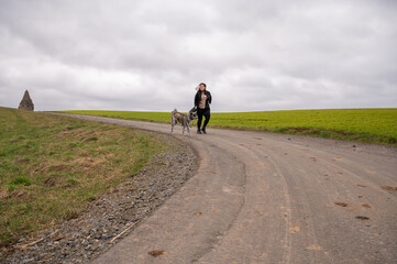 Obraz premium Woman with brown curly hair standing on an agricultural path, walking her akita inu dog with gray fur, cloudy day, view from the distance, tower in the background
