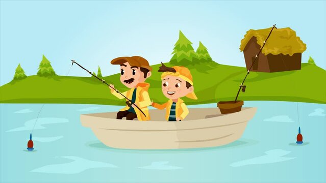 Son and father activity. Leisure time activity with parent. Fishing illustration vector. 2D Animation, 4K Resolution, Loopable.