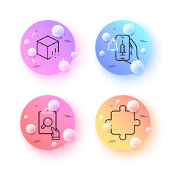 Augmented reality, Vaccine announcement and Puzzle minimal line icons. 3d spheres or balls buttons. Inspect icons. For web, application, printing. Vector