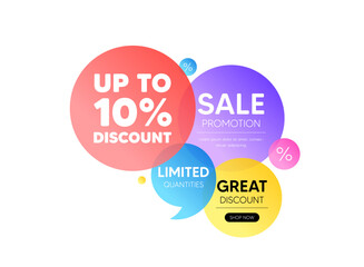 Discount offer bubble banner. Up to 10 percent discount tag. Sale offer price sign. Special offer symbol. Save 10 percentages. Promo coupon banner. Discount tag round tag. Quote shape element. Vector