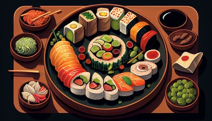 A detailed illustration of a sushi platter with different types of sushi rolls and soy sauce AI Generated