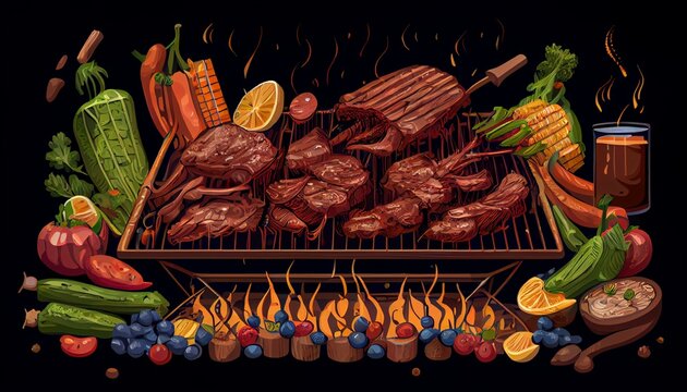A detailed illustration of a barbecue with various types of meat and vegetables on the grill AI Generated © Denis Yevtekhov