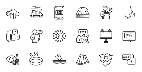 Outline set of Uv protection, Customer survey and Skirt line icons for web application. Talk, information, delivery truck outline icon. Include Delivery man, Frying pan, Cloud sync icons. Vector