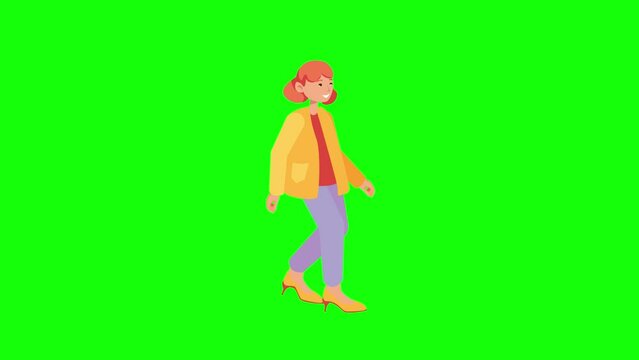 Flat cartoon colorful woman character animation. woman walk cycle situation. Chroma key. 