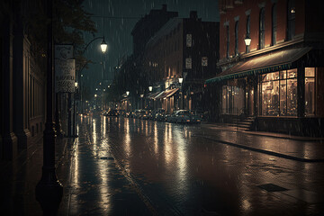 city street, night time, dark, raining , ai art illustration 