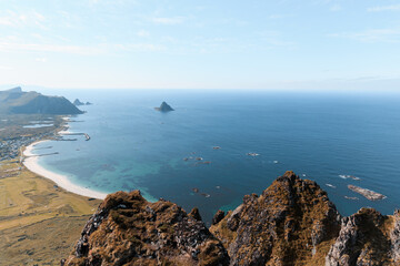Norway landscape on top of mountain with ocean view