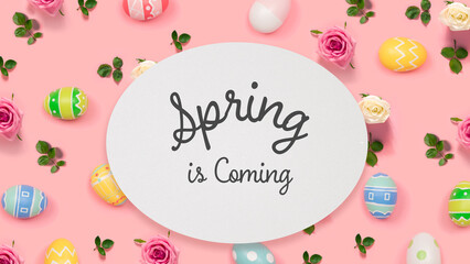 Spring is coming message with Easter eggs on a pink background