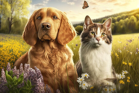 friends cat and dog are sitting on a sunny spring blooming meadow, ai art illustration