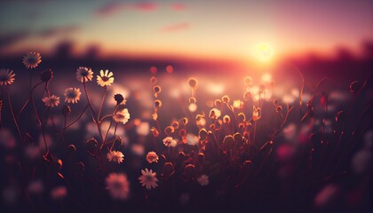 Fototapeta na wymiar A dreamy bokeh background of a field of flowers with a beautiful sunset in the distance AI Generated