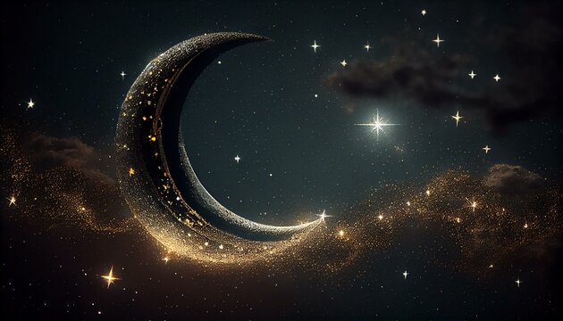 An ethereal bokeh background of glittering stars and a crescent moon in a dark sky AI Generated