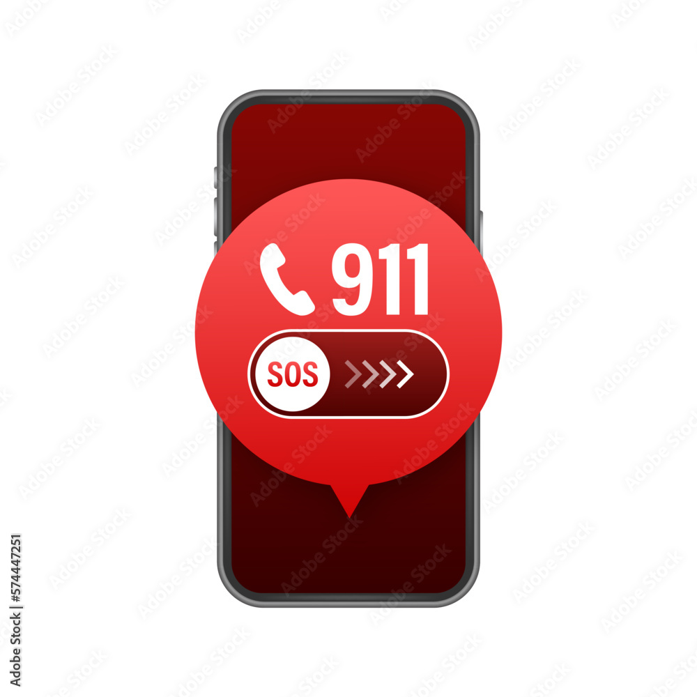 Sticker 911 smartphone in flat style. Call icon vector. Hand holding smartphone. First aid. Finger touch screen. Vector stock illustration