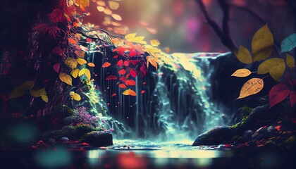 An enchanting bokeh background of a waterfall in a lush forest with colorful leaves and branches in the foreground AI Generated