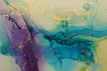Art Abstract painting blots horizontal background. Watercolor and Alcohol ink blue, beige and gold...