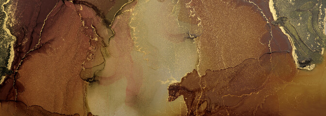 Watercolor and Alcohol ink brown, beige and gold colors. Marble texture.Art Abstract painting blots horizontal background.