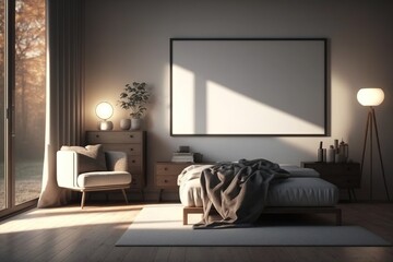 Mockup of wall poster frame on the bedroom, with modern contemporary minimalist style interior, natural warm light, generative AI. suitable for place your desgin product