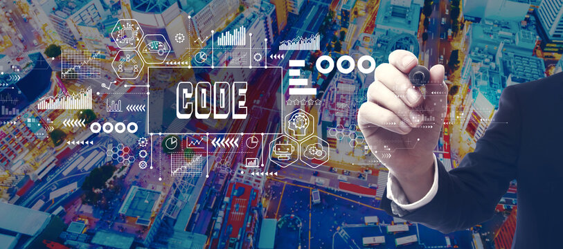 Code theme with businessman in a city at night