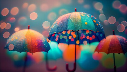 A cheerful bokeh background of colorful umbrellas in the rain with a light blue background AI Generated - obrazy, fototapety, plakaty