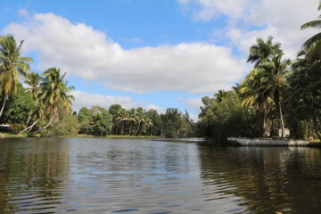 Fototapeta na wymiar Boat trip on a canal between marshland at Treasure Lake, Cuba Caribbean