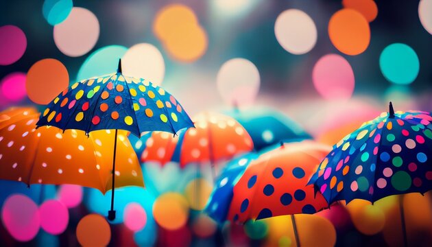 A cheerful bokeh background of colorful umbrellas in the rain with a light blue background AI Generated