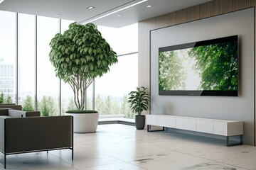 Large tv screen display monitor in clinic, hospital foyer, lobby, office hall, public place interior