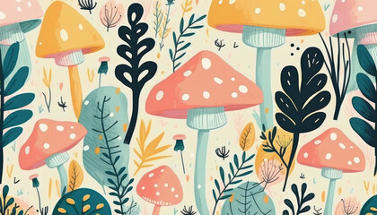 A charming and whimsical Anthropologie wallpaper with a mushroom theme, featuring a seamless watercolor pattern with hand-drawn doodles in bright and cozy colors