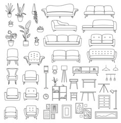 Living room furniture line set. Collection of graphic elements for website. Sofas, armchairs, plants and lamp. Comfort and coziness. Cartoon flat vector illustrations isolated on white background © Rudzhan