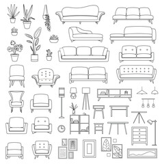 Living room furniture line set. Collection of graphic elements for website. Sofas, armchairs, plants and lamp. Comfort and coziness. Cartoon flat vector illustrations isolated on white background